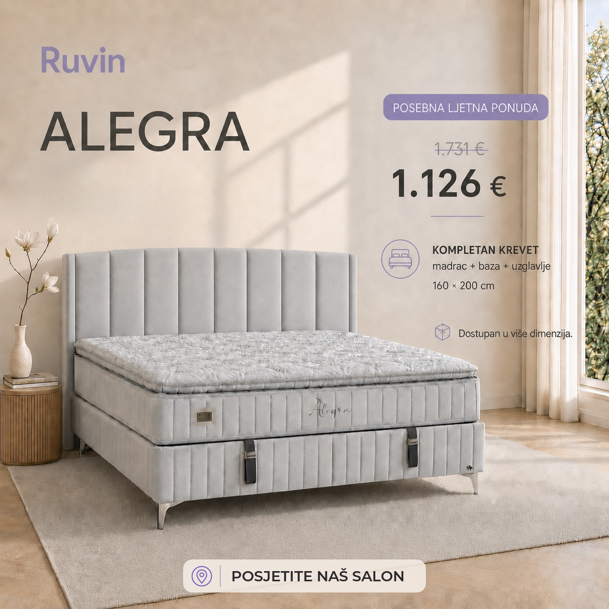 Alegra — Kompletan krevet — madrac, baza i uzglavlje