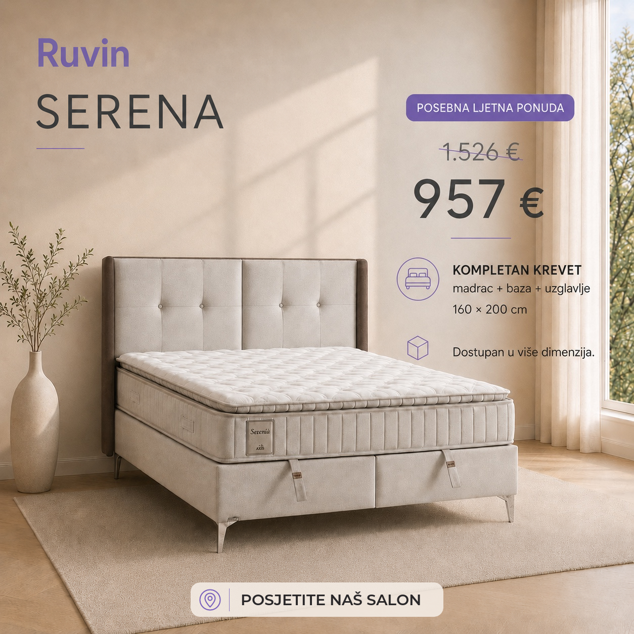 Serena — Kompletan krevet — madrac, baza i uzglavlje