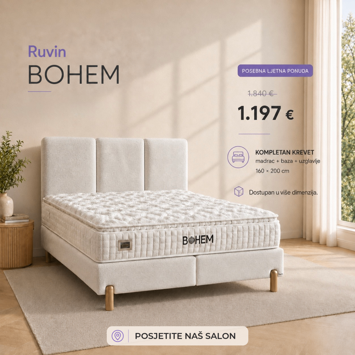 Bohem — Kompletan krevet — madrac, baza i uzglavlje
